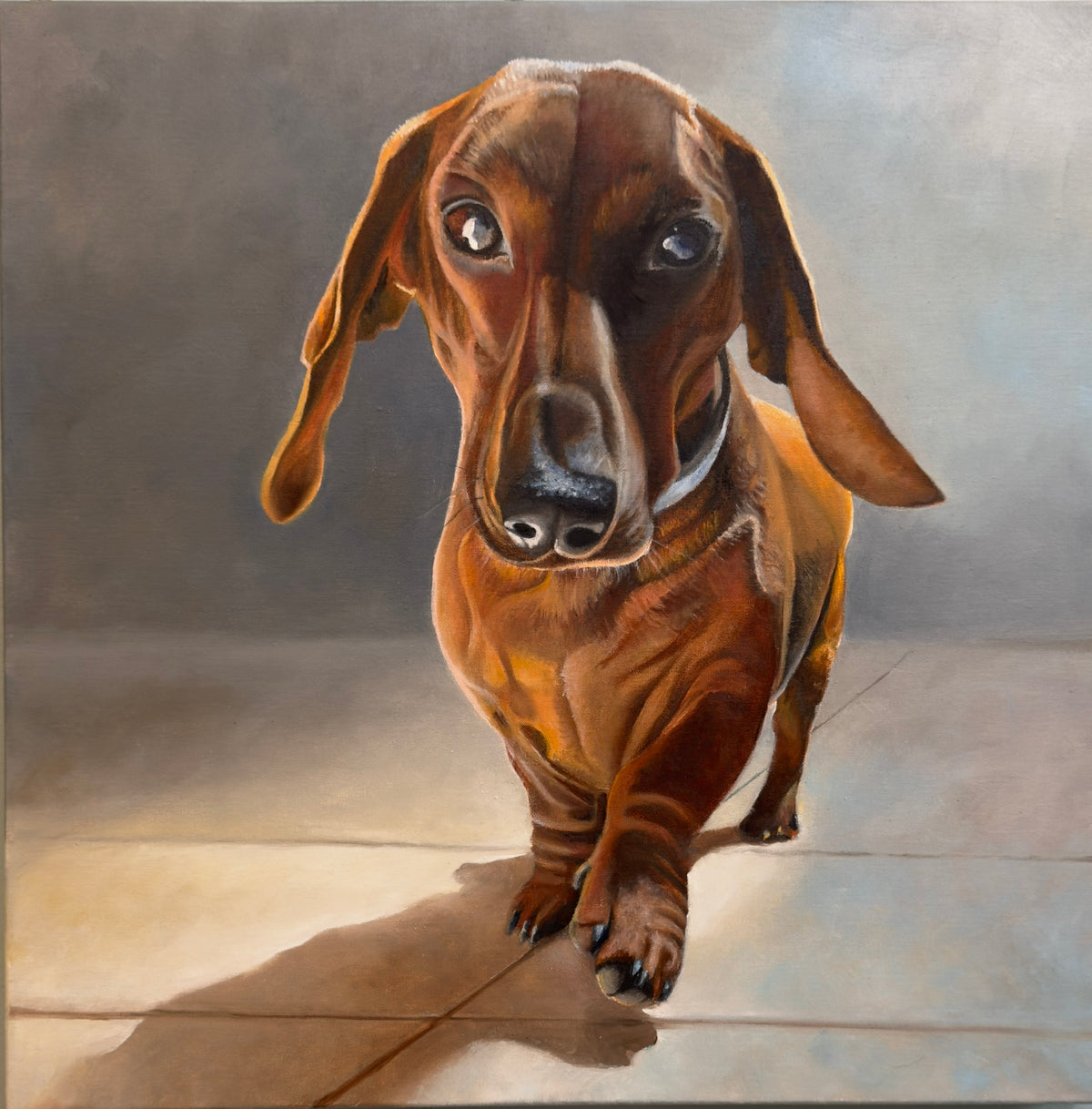 An oil painted portrait of a brown dachshund dog standing on a light floor against a soft gray background.