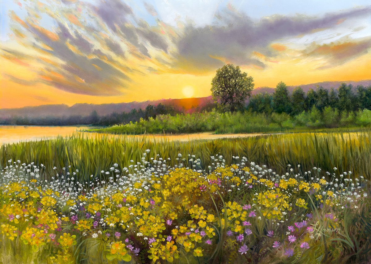 oil painting of the sun setting over a lake and wildflowers with wispy clouds in the sky