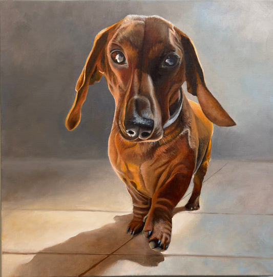An oil painted portrait of a brown dachshund dog standing on a light floor against a soft gray background.