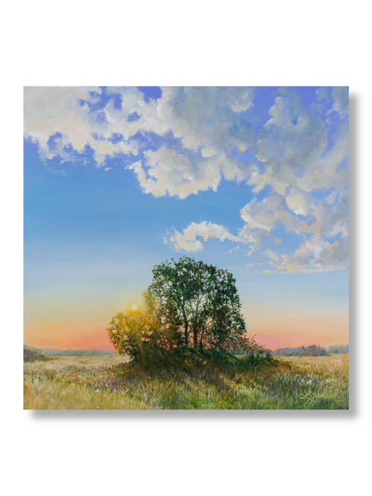Surreal landscape with a tree on a hill under a blue sky with clouds.