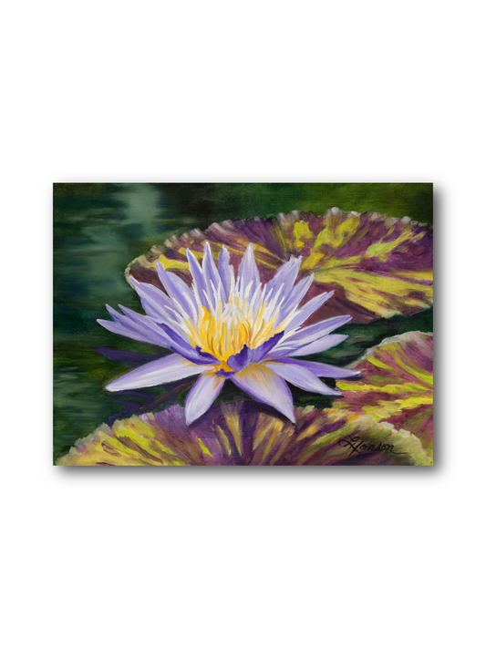 A square canvas painting of a purple water lily with yellow and white petals, surrounded by green and purple lily pads on a dark water background, shown against a plain white wall.