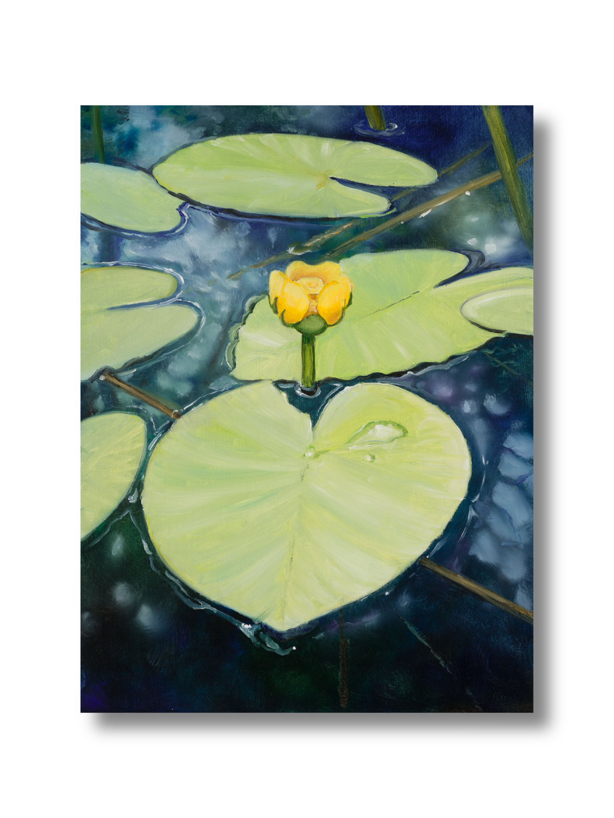 Painting of a yellow water lily flower on green lily pads with a dark blue background