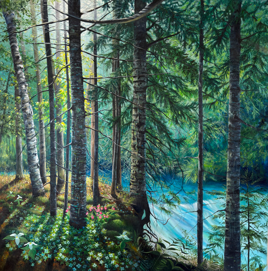 A detailed forest landscape painting featuring tall birch and pine trees, a bright blue river, and a lush green undergrowth with small pink flowers.