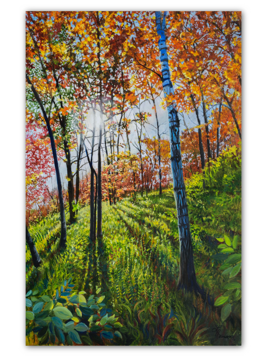 An oil painting of an autumn forest scene with vibrant orange, red, and yellow foliage, green undergrowth, and birch trees, featuring a bright sunburst on the left side.