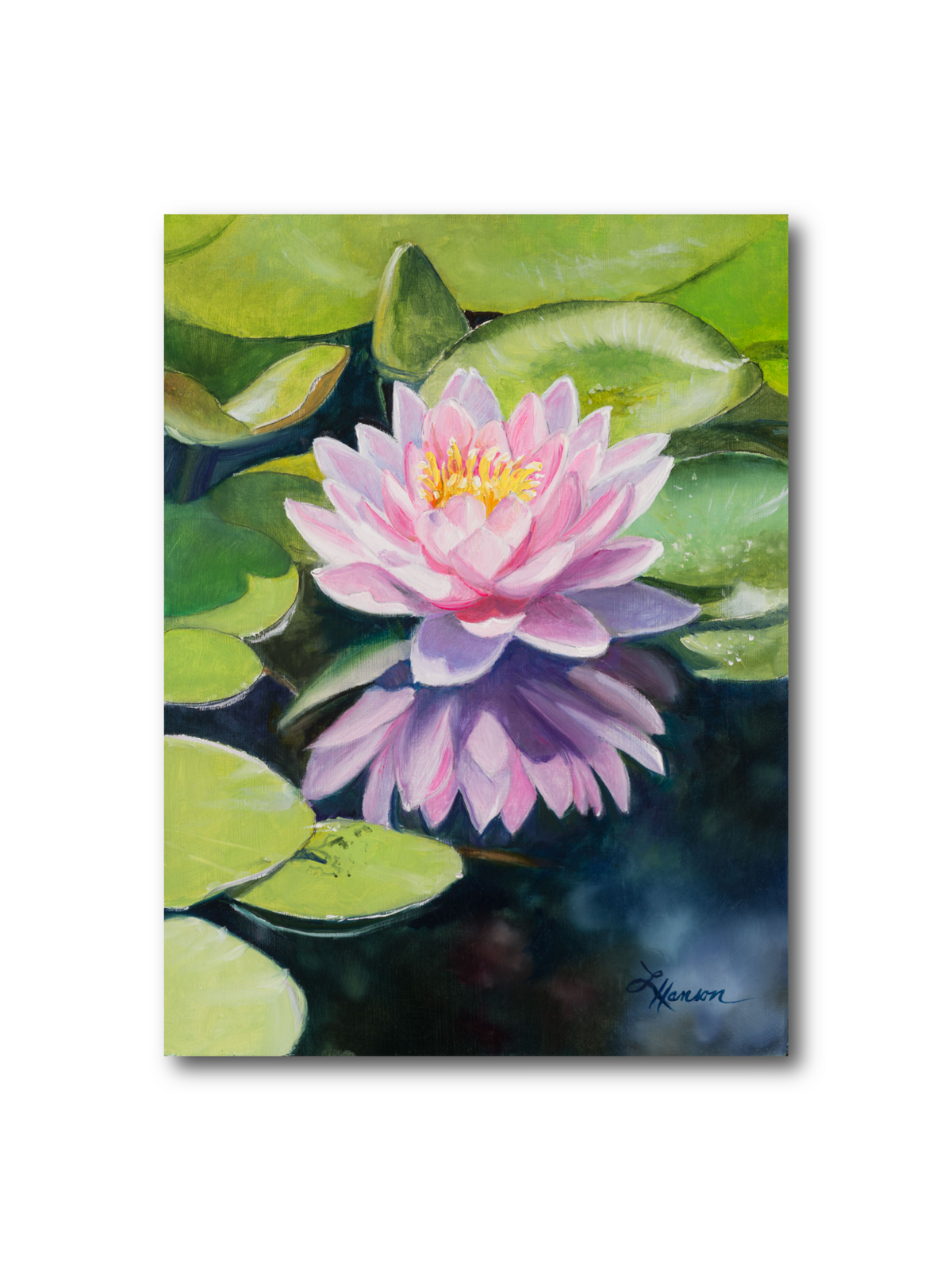 A square canvas painting of a pink water lily flower blooming among green lily pads on dark blue water, shown against a plain white background.